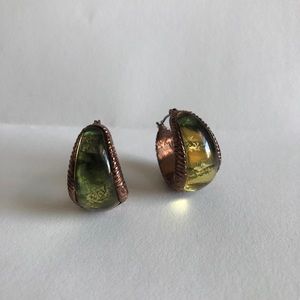 VINTAGE BRASS HOOPS WITH BEAUTIFUL GREEN STONE
